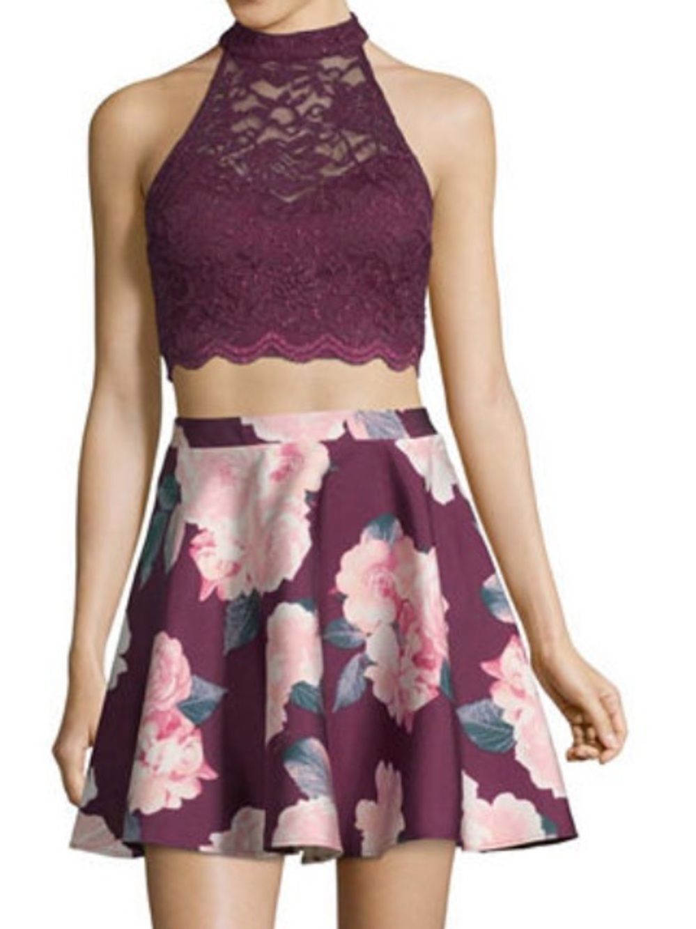 City Triangles size 1 Lace Halter Crop Top Floral Skater Skirt Set